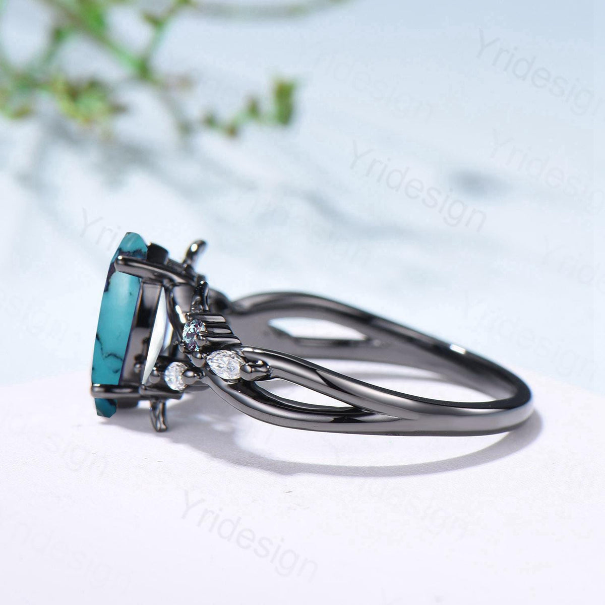 Unique Goth Turquoise Engagement Ring Natural Inspired Gothic Marquise Black Gold Ring Leaves Split Shank Cluster Alexandrite Wedding Ring