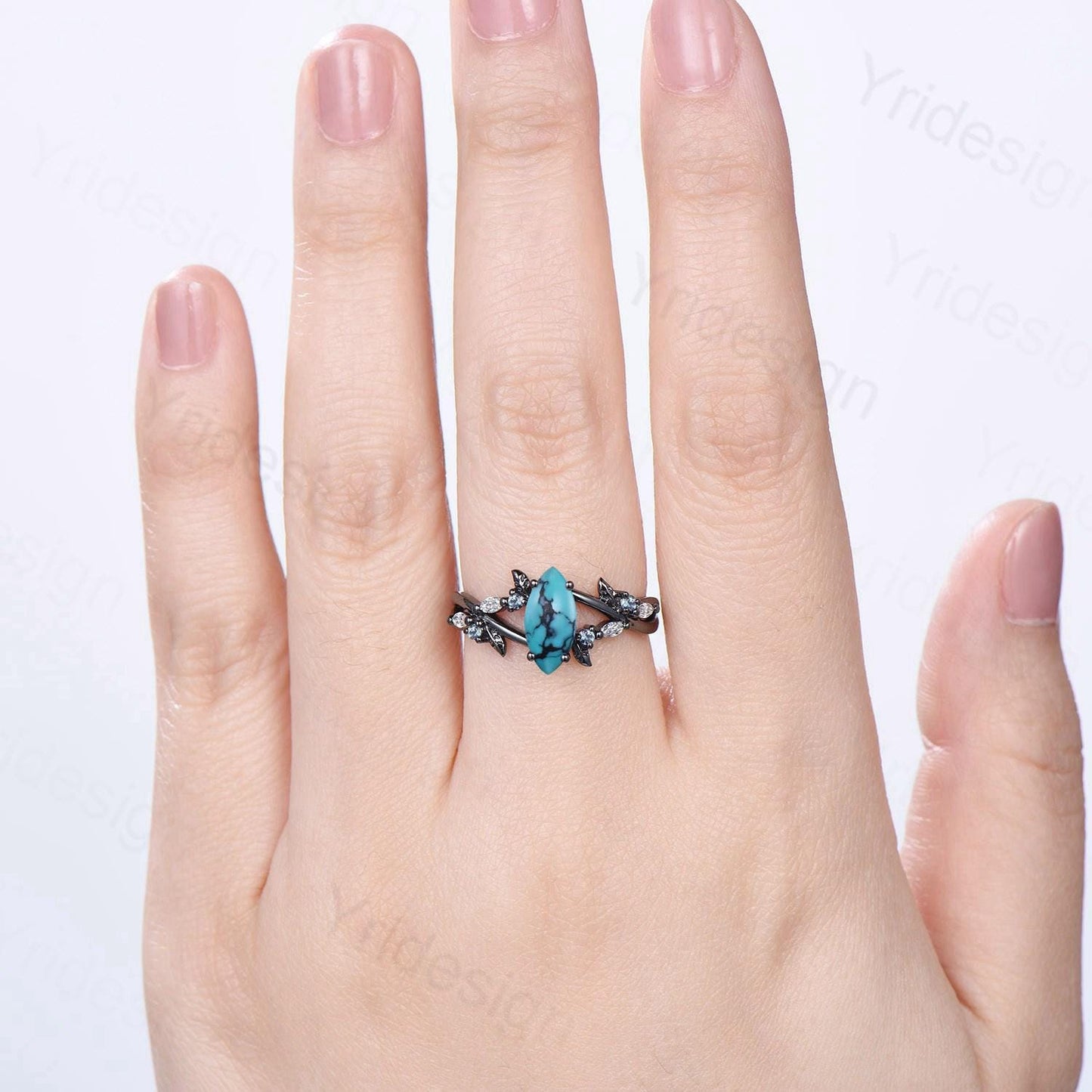 Unique Goth Turquoise Engagement Ring Natural Inspired Gothic Marquise Black Gold Ring Leaves Split Shank Cluster Alexandrite Wedding Ring