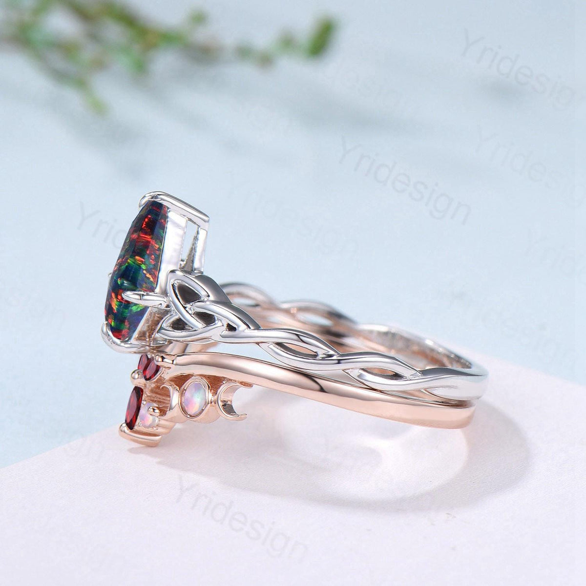 Norse Viking Kite Cut Black Opal Engagement Ring Set Unique Celtic Love Knot Fire Opal Ruby Butterfly Wedding Band Vintage Twist Bridal Set