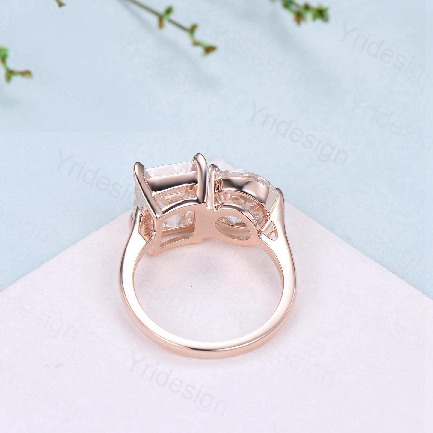 Minimalist Two stone engagement ring 14k rose gold emerald cut citrine and round peridot wedding ring Plain Band anniversary bridal gifts