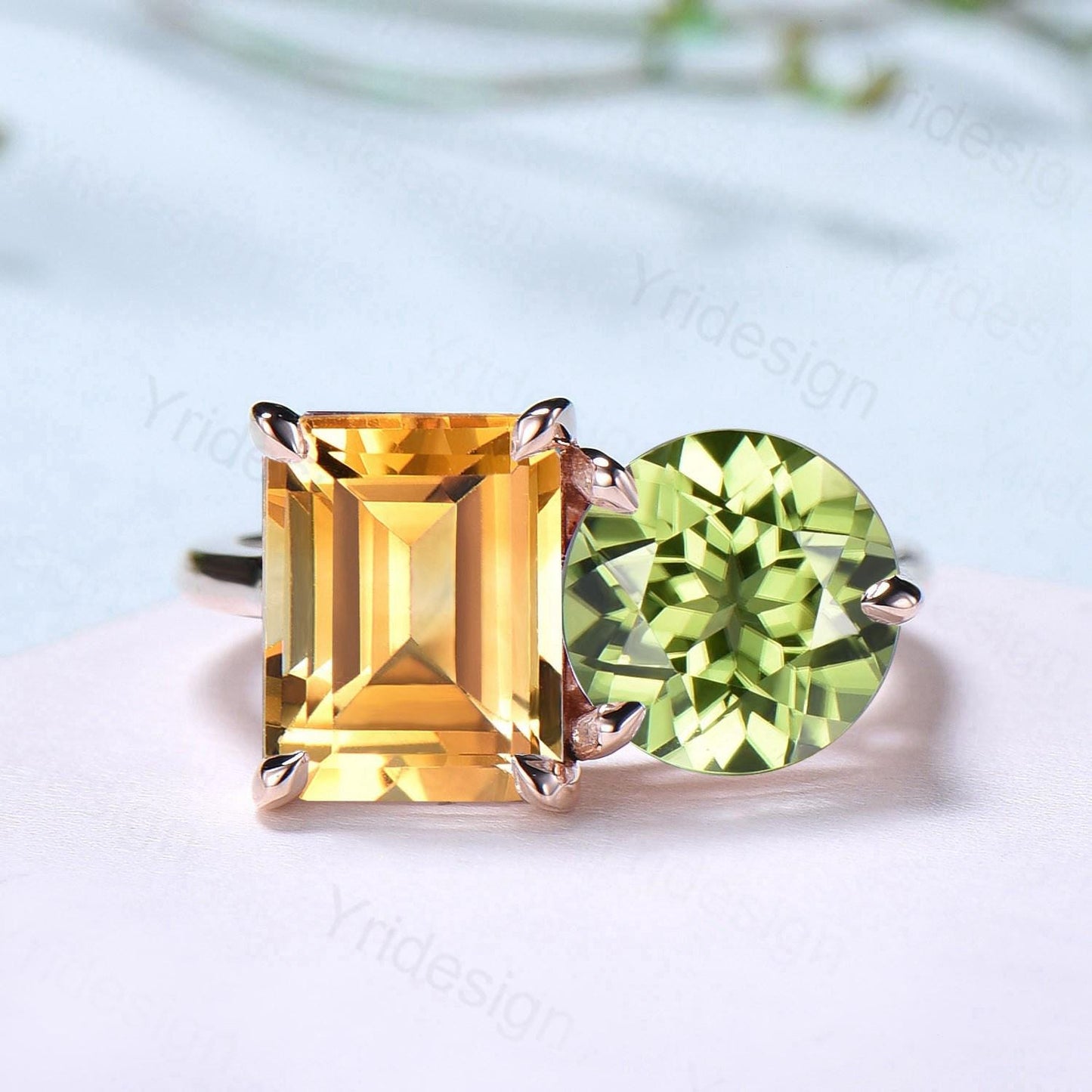 Minimalist Two stone engagement ring 14k rose gold emerald cut citrine and round peridot wedding ring Plain Band anniversary bridal gifts