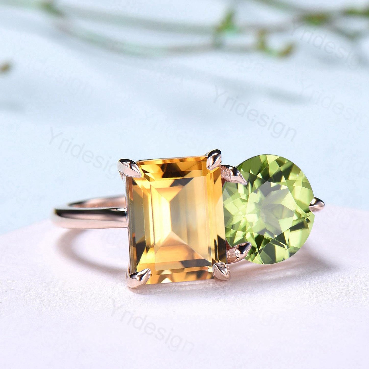 Minimalist Two stone engagement ring 14k rose gold emerald cut citrine and round peridot wedding ring Plain Band anniversary bridal gifts