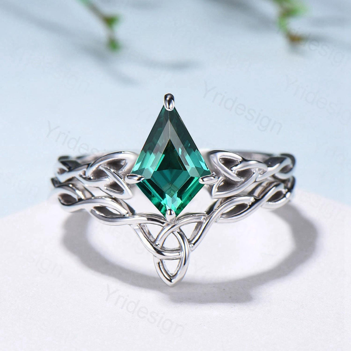 Emerald Wedding Ring Set, Norse Viking Lab Emerald Engagement Ring, Celtic Knot May Birthstone Jewelry, White Gold 2Pcs Twisted Bridal Set