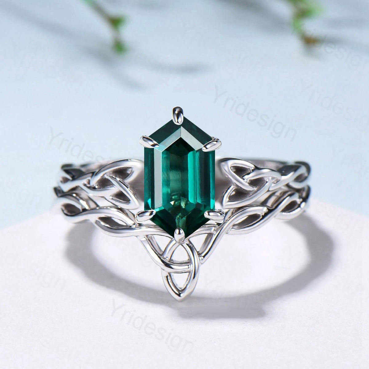 Emerald Wedding Ring Set, Norse Viking Lab Emerald Engagement Ring, Celtic Knot May Birthstone Jewelry, White Gold 2Pcs Twisted Bridal Set