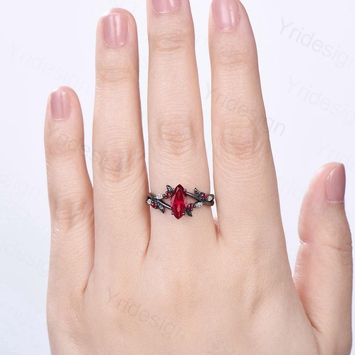 Unique Black Gold Ruby Ring Natural Inspired Gothic Marquise Cut Ruby Engagement Ring Leaves Cluster Moissanite Split Shank Wedding Ring