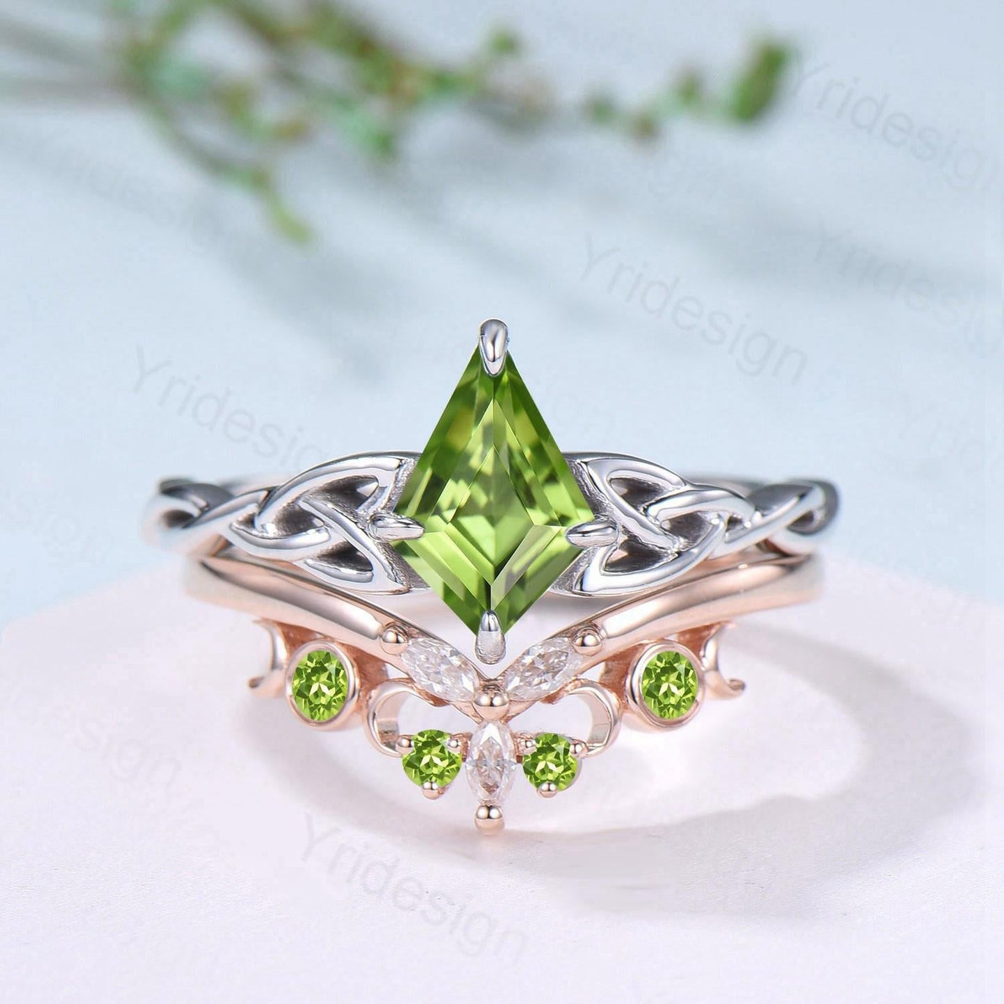 Norse Viking Kite Cut Peridot Engagement Ring Set Unique Celtic Love Knot August Birthstone Butterfly Wedding Band Vintage Twist Bridal Set