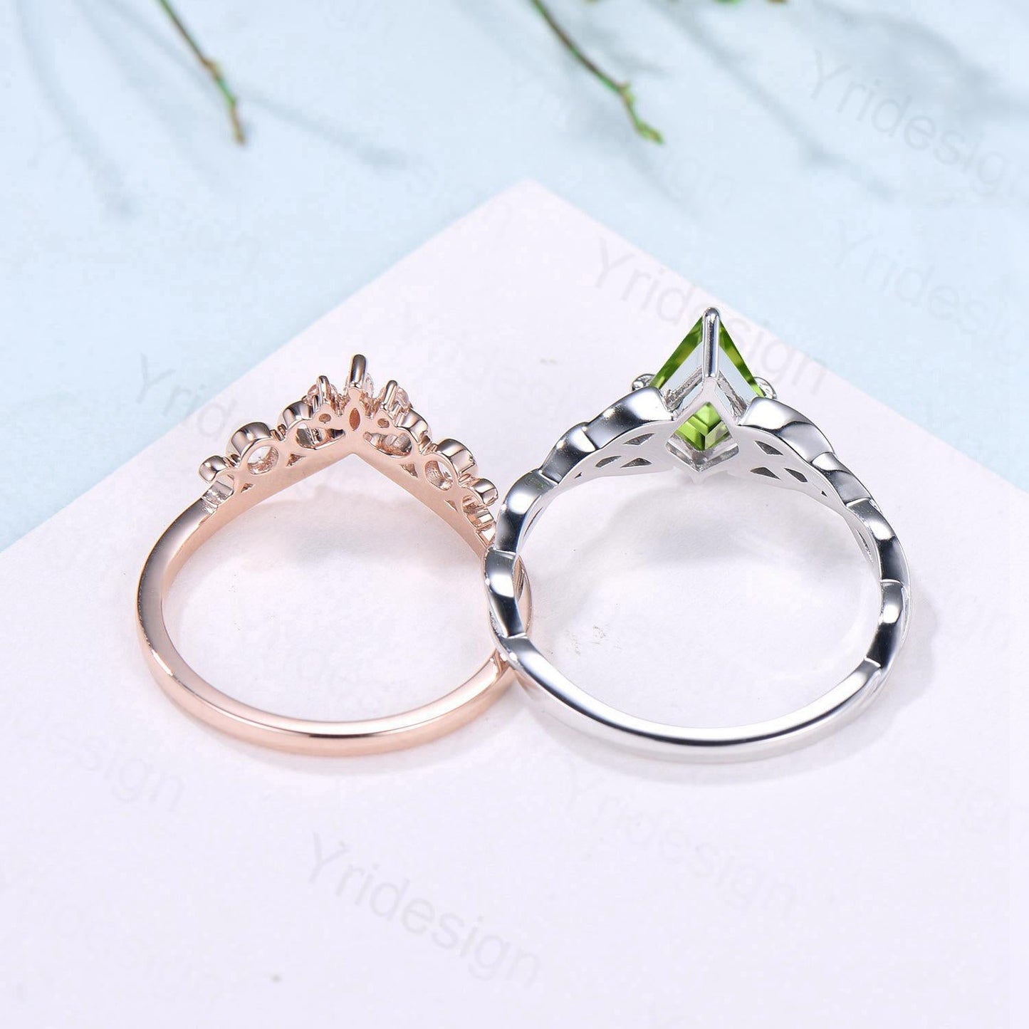 Norse Viking Kite Cut Peridot Engagement Ring Set Unique Celtic Love Knot August Birthstone Butterfly Wedding Band Vintage Twist Bridal Set