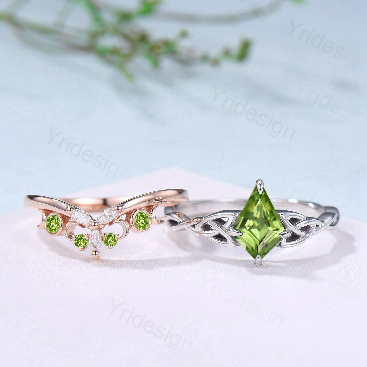 Norse Viking Kite Cut Peridot Engagement Ring Set Unique Celtic Love Knot August Birthstone Butterfly Wedding Band Vintage Twist Bridal Set