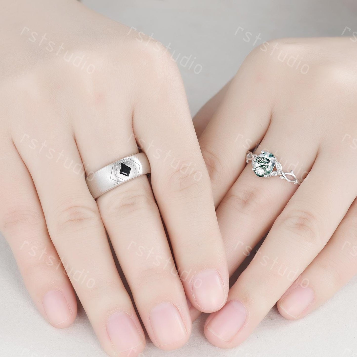 Couple Ring Set: Mens Kite Black Spinel Ring: Women's Moss Agate Ring