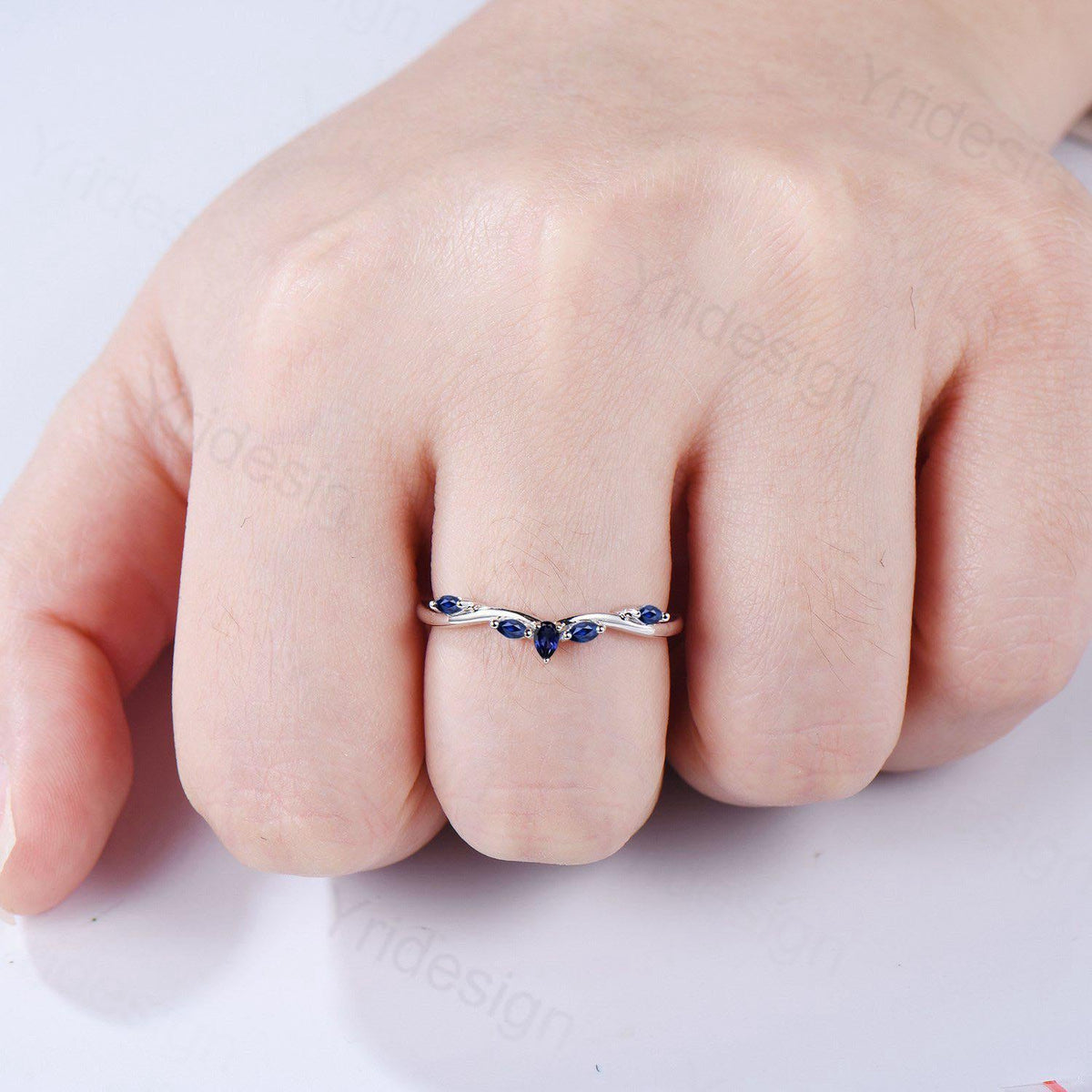 Pear Shaped And Marquise Blue Sapphire Wedding Band Stacking Wedding Ring Curved Wedding Band Dainty Ring Bridal Promise Ring for Women
