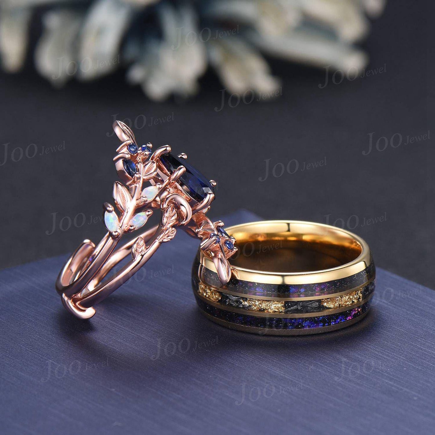 Blue Sapphire Opal Couple Leaf Wedding Ring Set | Pear Bridal Ring |Enhancer Leaf Band | Tungsten Promise Ring for Him| Valentine's Day Gift