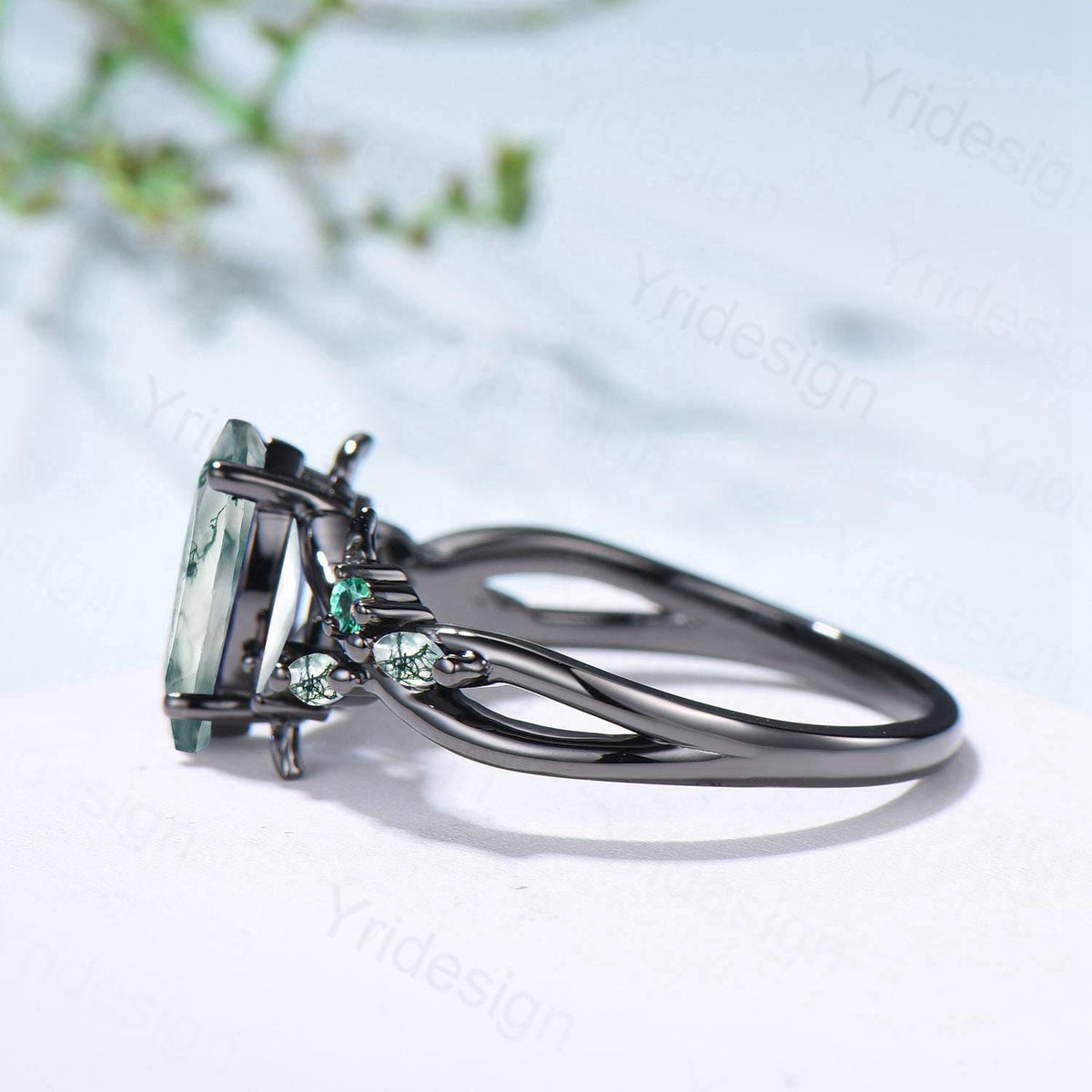 Unique Black Gold Moss Agate Ring Natural Inspired Gothic Marquise Cut Engagement Ring Branch Cluster Emerald Split Shank Wedding Ring Women