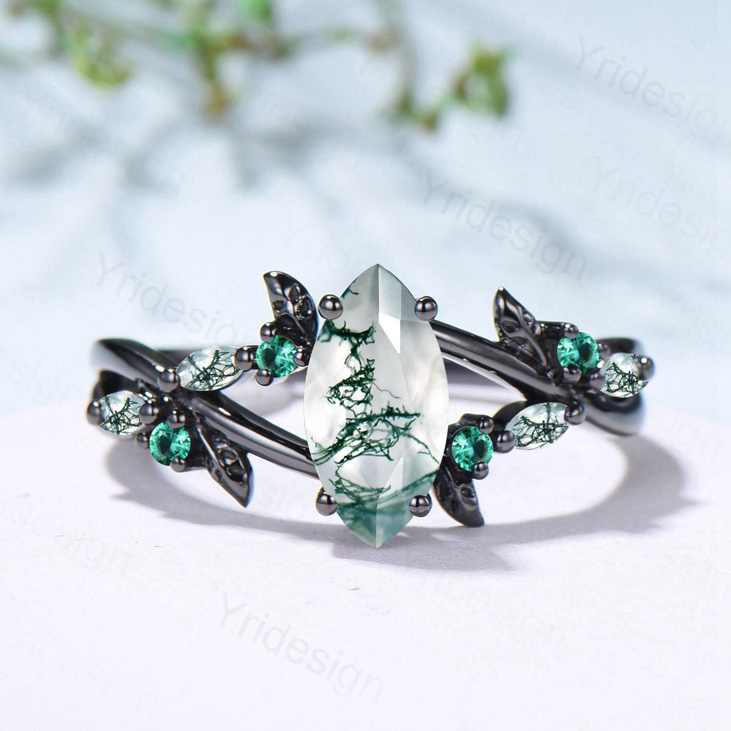 Unique Black Gold Moss Agate Ring Natural Inspired Gothic Marquise Cut Engagement Ring Branch Cluster Emerald Split Shank Wedding Ring Women