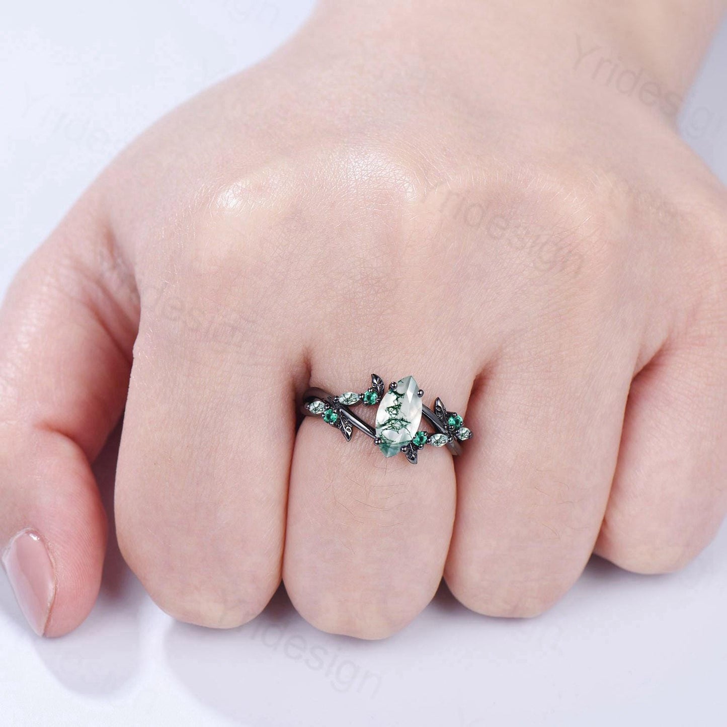 Unique Black Gold Moss Agate Ring Natural Inspired Gothic Marquise Cut Engagement Ring Branch Cluster Emerald Split Shank Wedding Ring Women