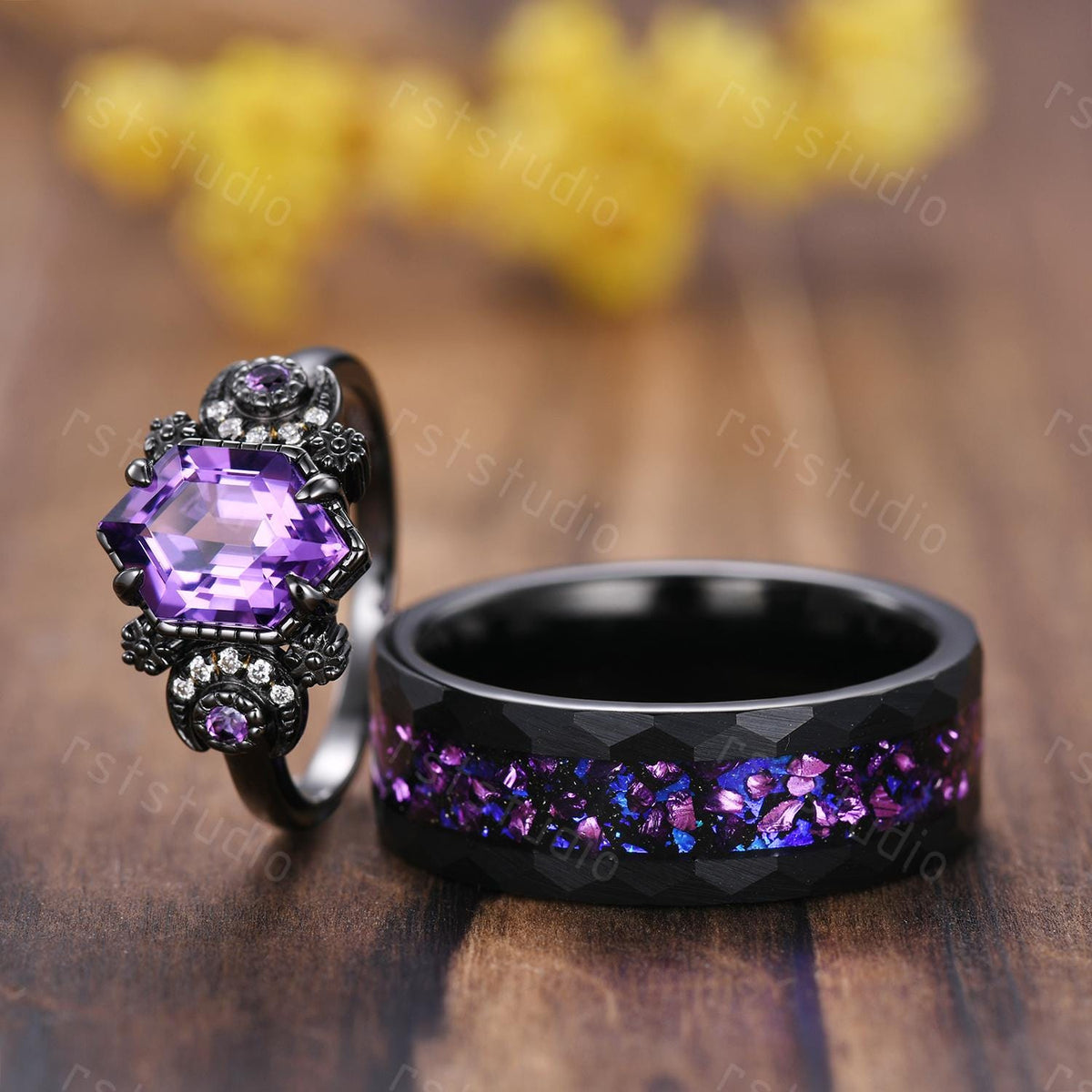 Gothic Hexagon Amethyst Wedding Ring Set: Tungsten & Black Gold Plated