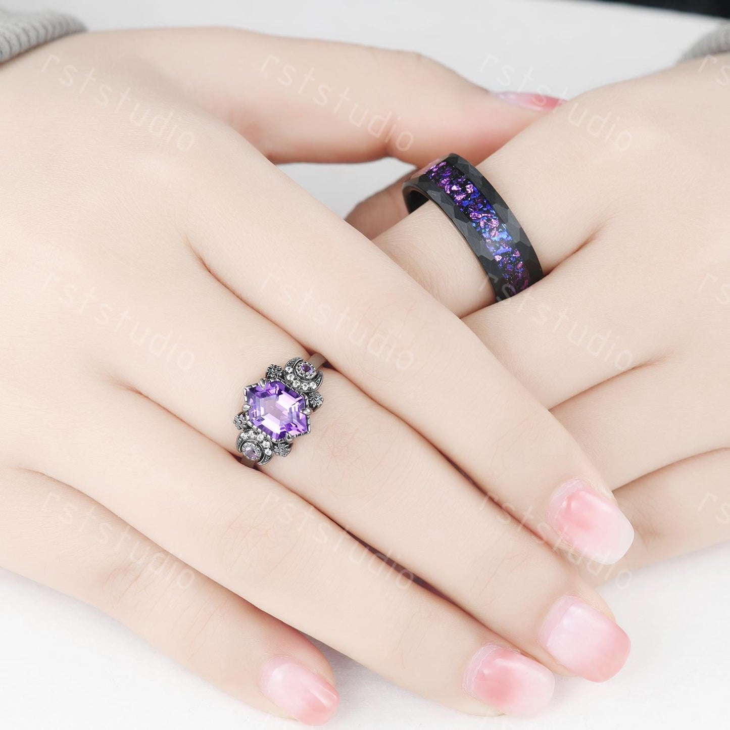 Gothic Hexagon Amethyst Wedding Ring Set: Tungsten & Black Gold Plated