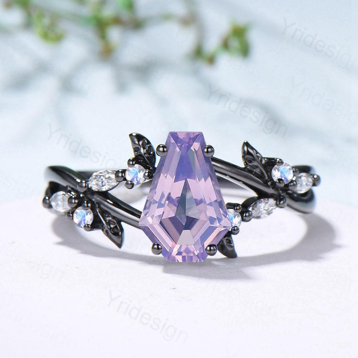 Unique Lavender Amethyst Engagement Ring, Black Gold Gothic Ring, Cluster Moonstone Wedding Ring, Split Shank Coffin Ring Anniversary Gift