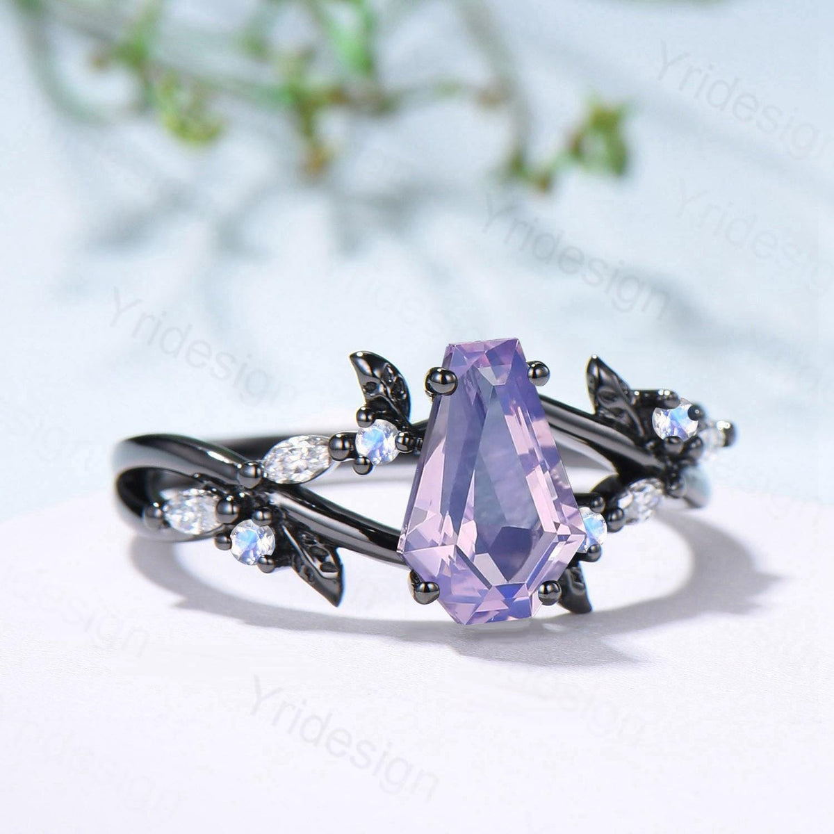 Unique Lavender Amethyst Engagement Ring, Black Gold Gothic Ring, Cluster Moonstone Wedding Ring, Split Shank Coffin Ring Anniversary Gift