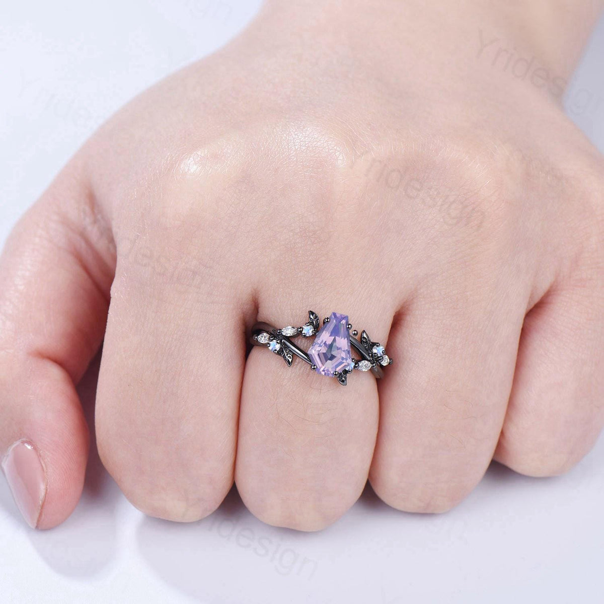 Unique Lavender Amethyst Engagement Ring, Black Gold Gothic Ring, Cluster Moonstone Wedding Ring, Split Shank Coffin Ring Anniversary Gift