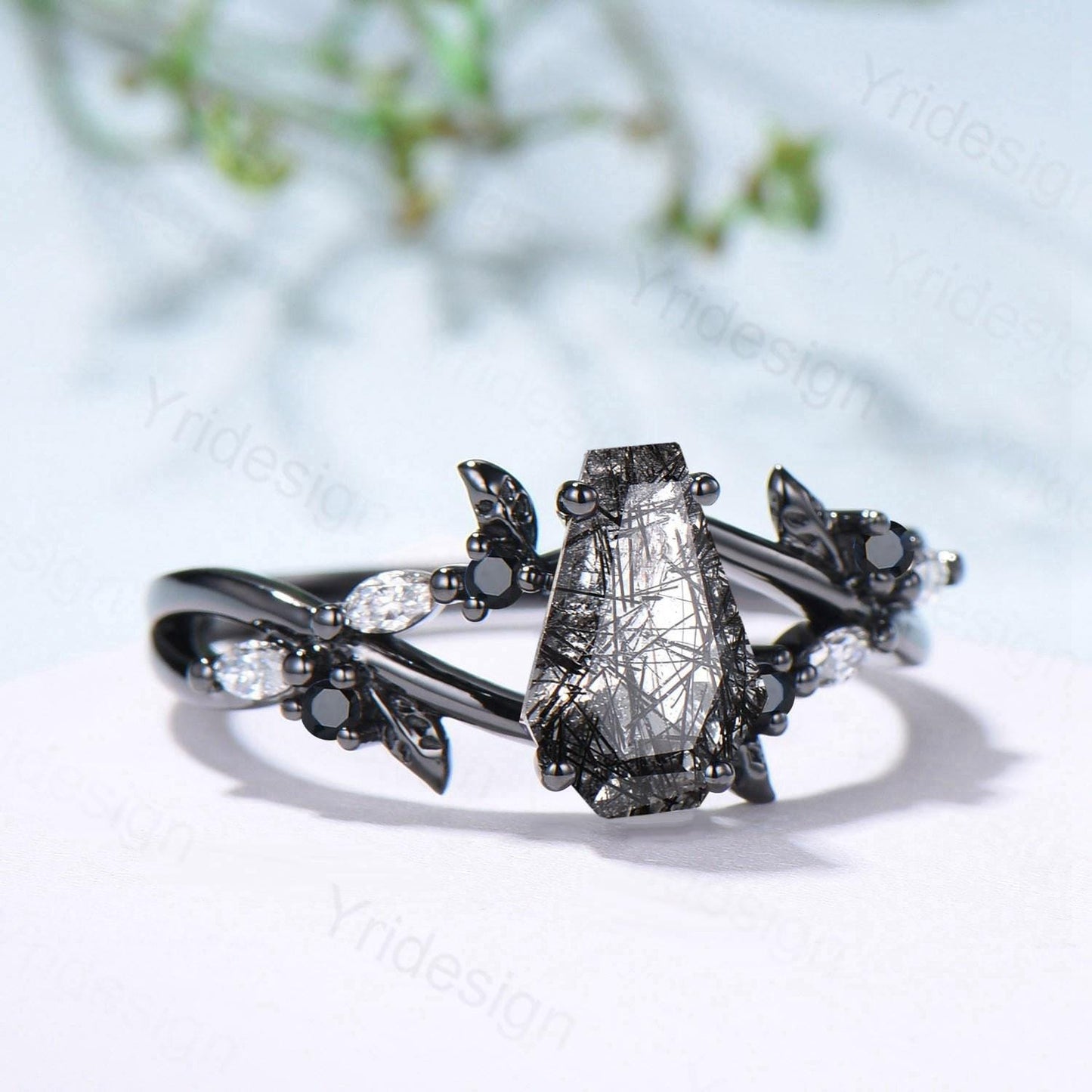 Art Deco Coffin Shape Black Rutilated Quartz Ring Black Gold  Shield Shape Gothic Engagement Ring Handmade Anniversary Proposal Gifts Women