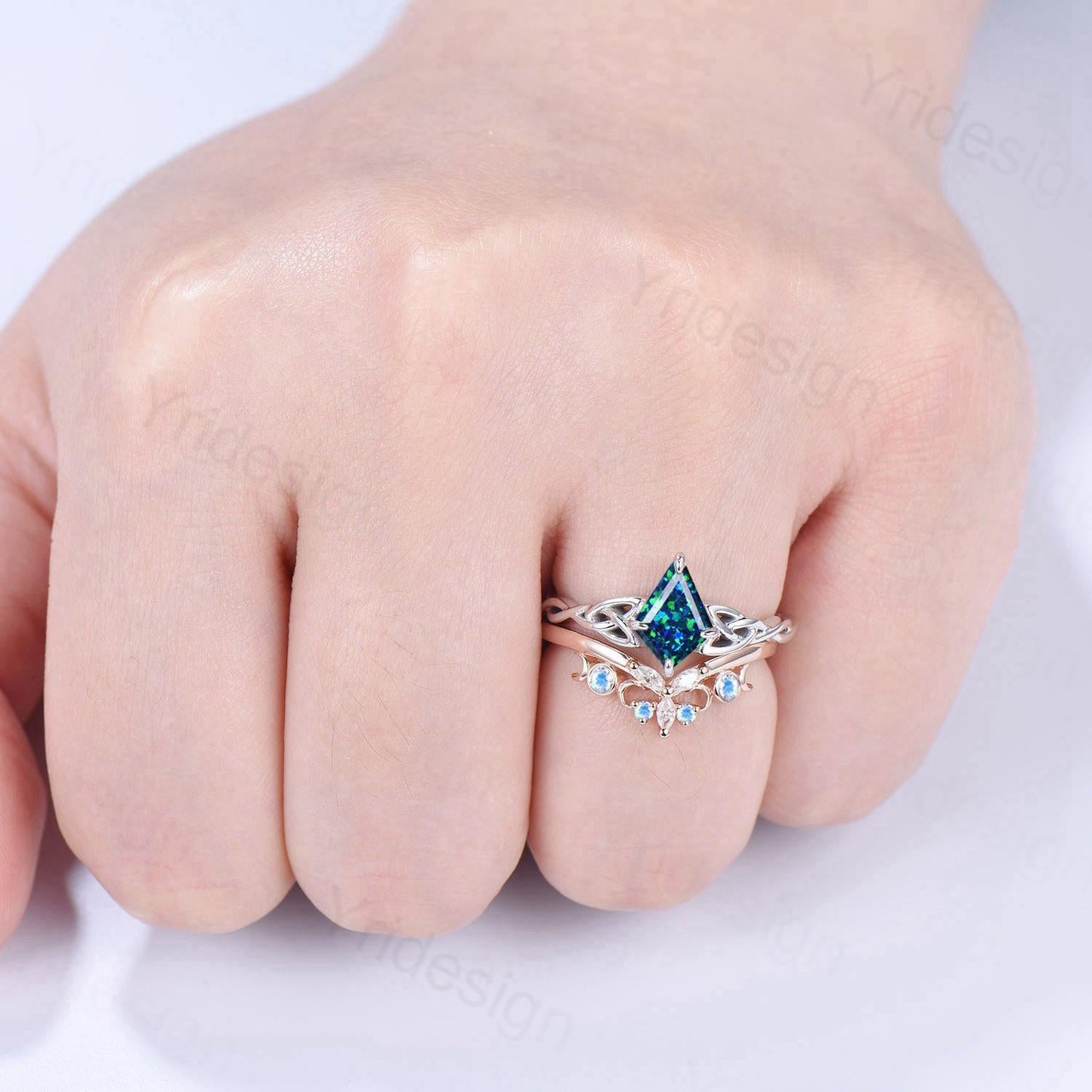 Norse Viking Kite Blue Opal Engagement Ring Set Unique Celtic Love Knot October Birthstone Promise Ring Butterfly Moonstone Stacking Band