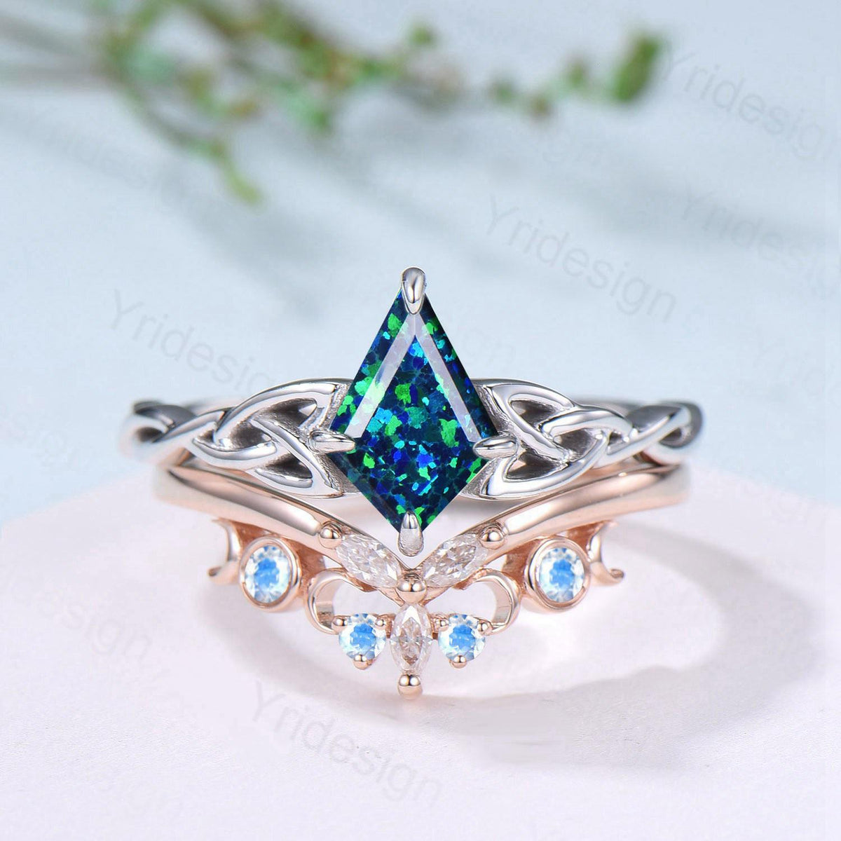 Norse Viking Kite Blue Opal Engagement Ring Set Unique Celtic Love Knot October Birthstone Promise Ring Butterfly Moonstone Stacking Band