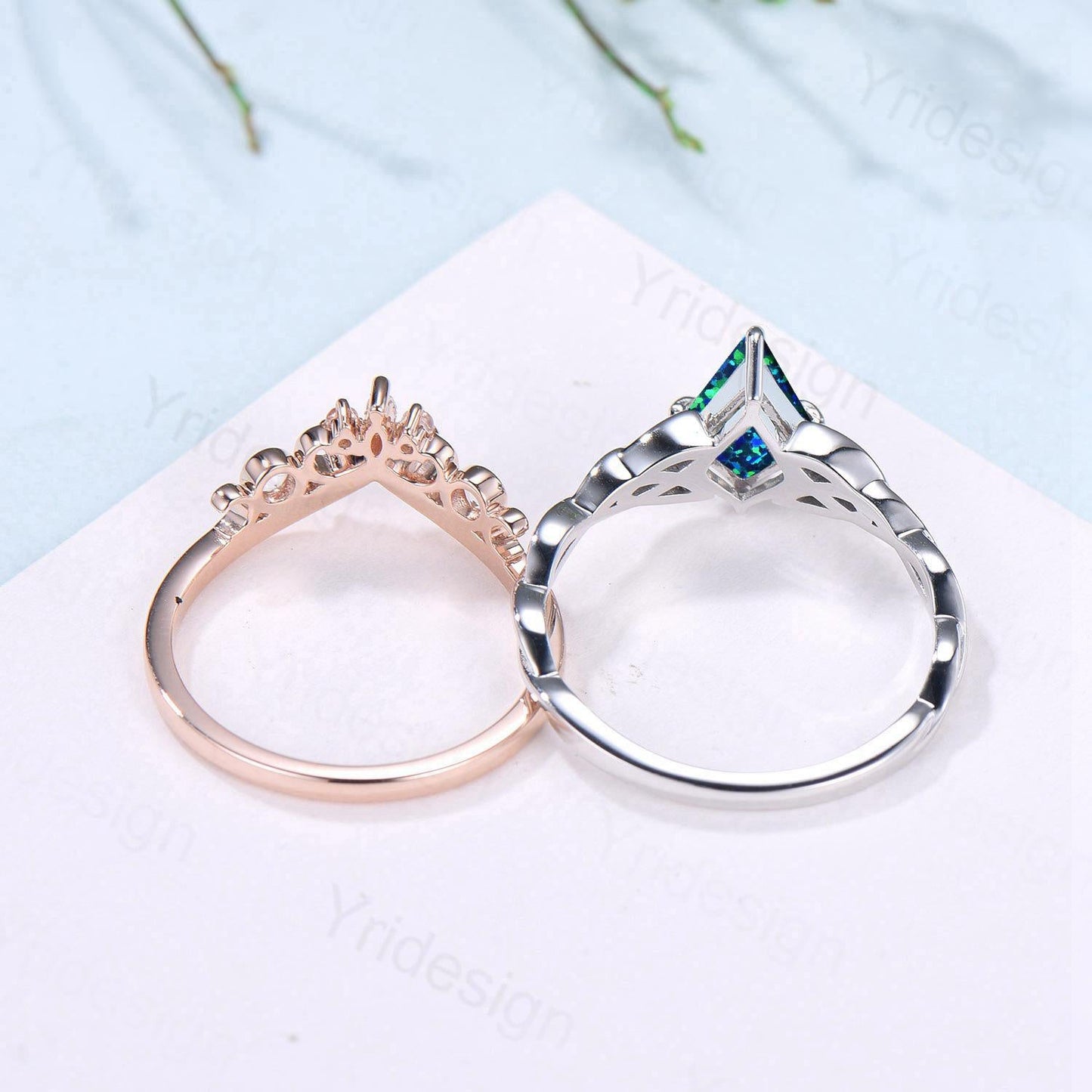 Norse Viking Kite Blue Opal Engagement Ring Set Unique Celtic Love Knot October Birthstone Promise Ring Butterfly Moonstone Stacking Band
