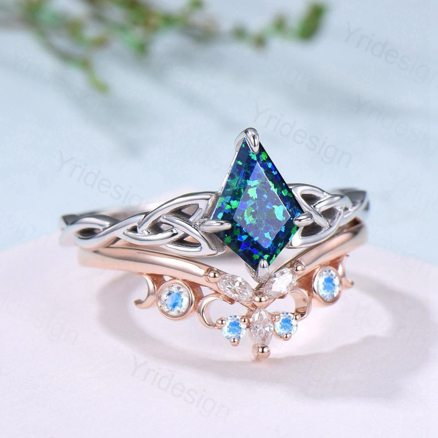 Norse Viking Kite Blue Opal Engagement Ring Set Unique Celtic Love Knot October Birthstone Promise Ring Butterfly Moonstone Stacking Band