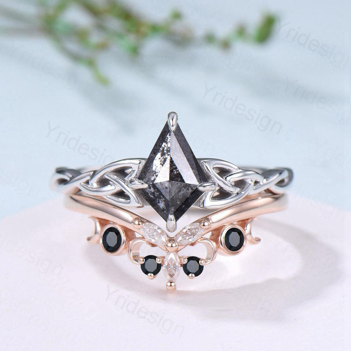 Norse Viking Kite cut salt pepper diamond engagement ring celtic knot pepper diamond bridal set unique black spinel staking band wedding set