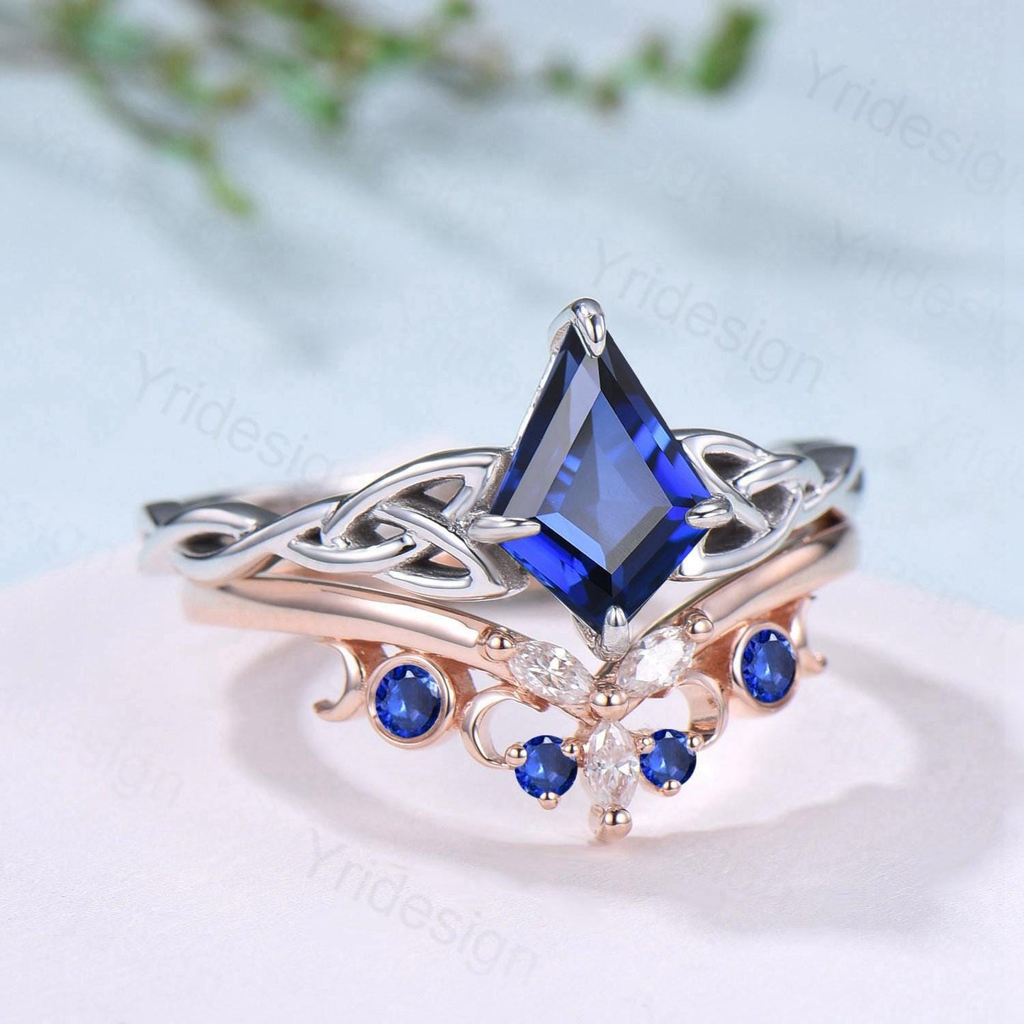 Norse Viking Kite Cut Blue Sapphire Engagement Ring Set Unique Celtic Love Knot Sep Birthstone Butterfly Wedding Band Twist Bridal Set Women