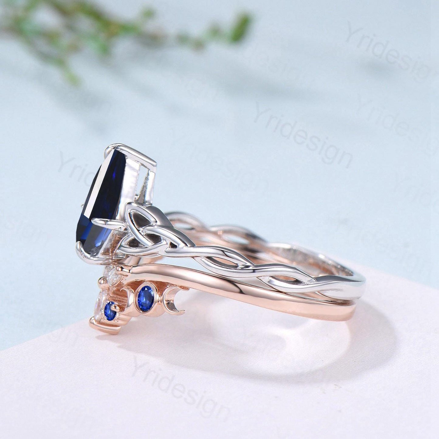 Norse Viking Kite Cut Blue Sapphire Engagement Ring Set Unique Celtic Love Knot Sep Birthstone Butterfly Wedding Band Twist Bridal Set Women