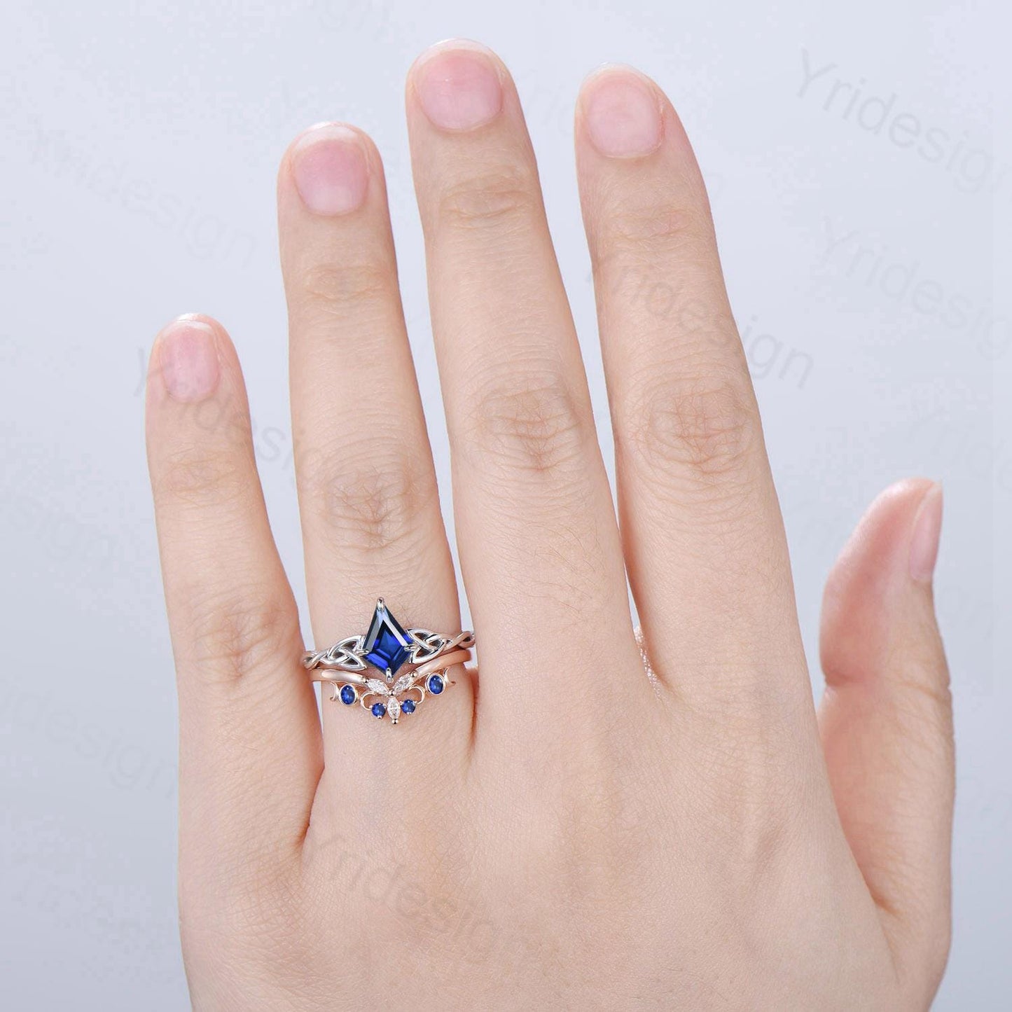 Norse Viking Kite Cut Blue Sapphire Engagement Ring Set Unique Celtic Love Knot Sep Birthstone Butterfly Wedding Band Twist Bridal Set Women