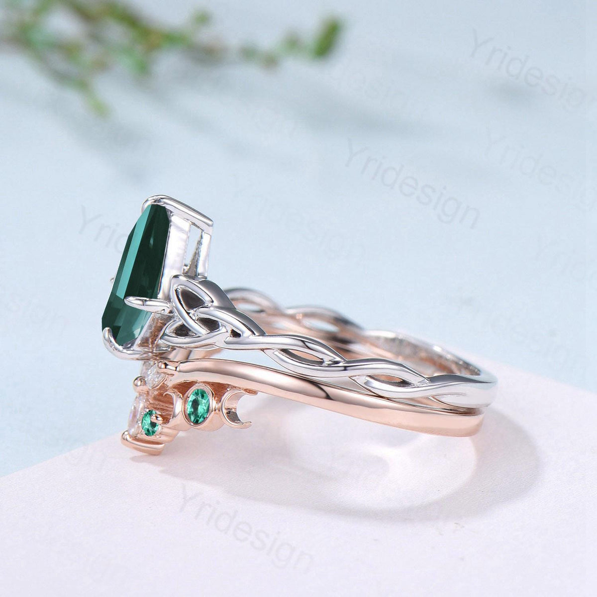 Norse Viking Kite Cut Emerald Engagement Ring Set Unique Celtic Love Knot May Birthstone Butterfly Wedding Ring Set Vintage Twist Bridal Set