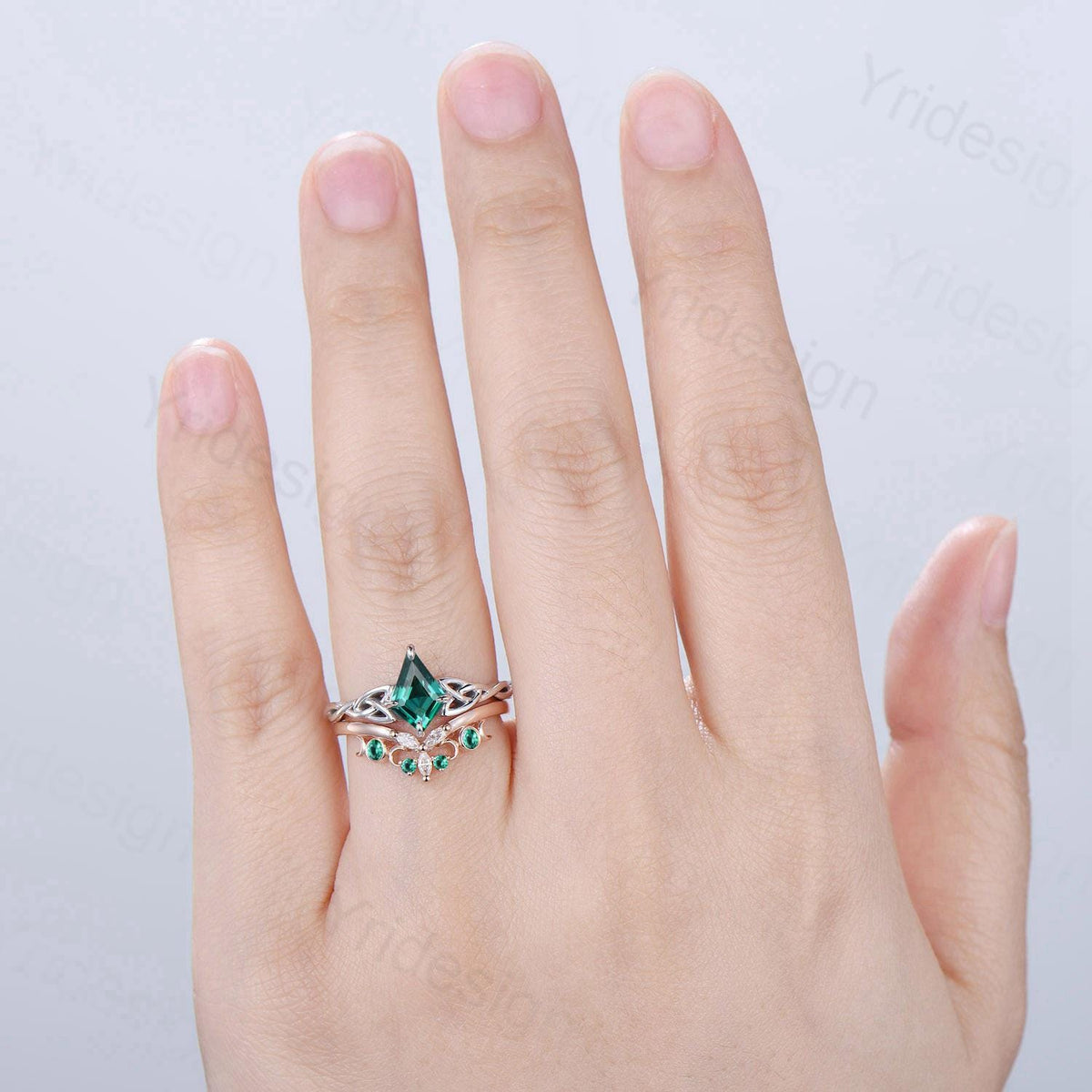 Norse Viking Kite Cut Emerald Engagement Ring Set Unique Celtic Love Knot May Birthstone Butterfly Wedding Ring Set Vintage Twist Bridal Set