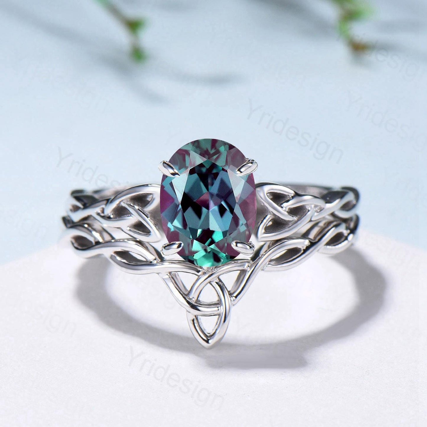 Norse Viking Alexandrite Wedding Ring Set Celtic Knot Lab Alexandrite Engagement Ring June Birthstone Jewelry Unique 2Pcs Twisted Bridal Set