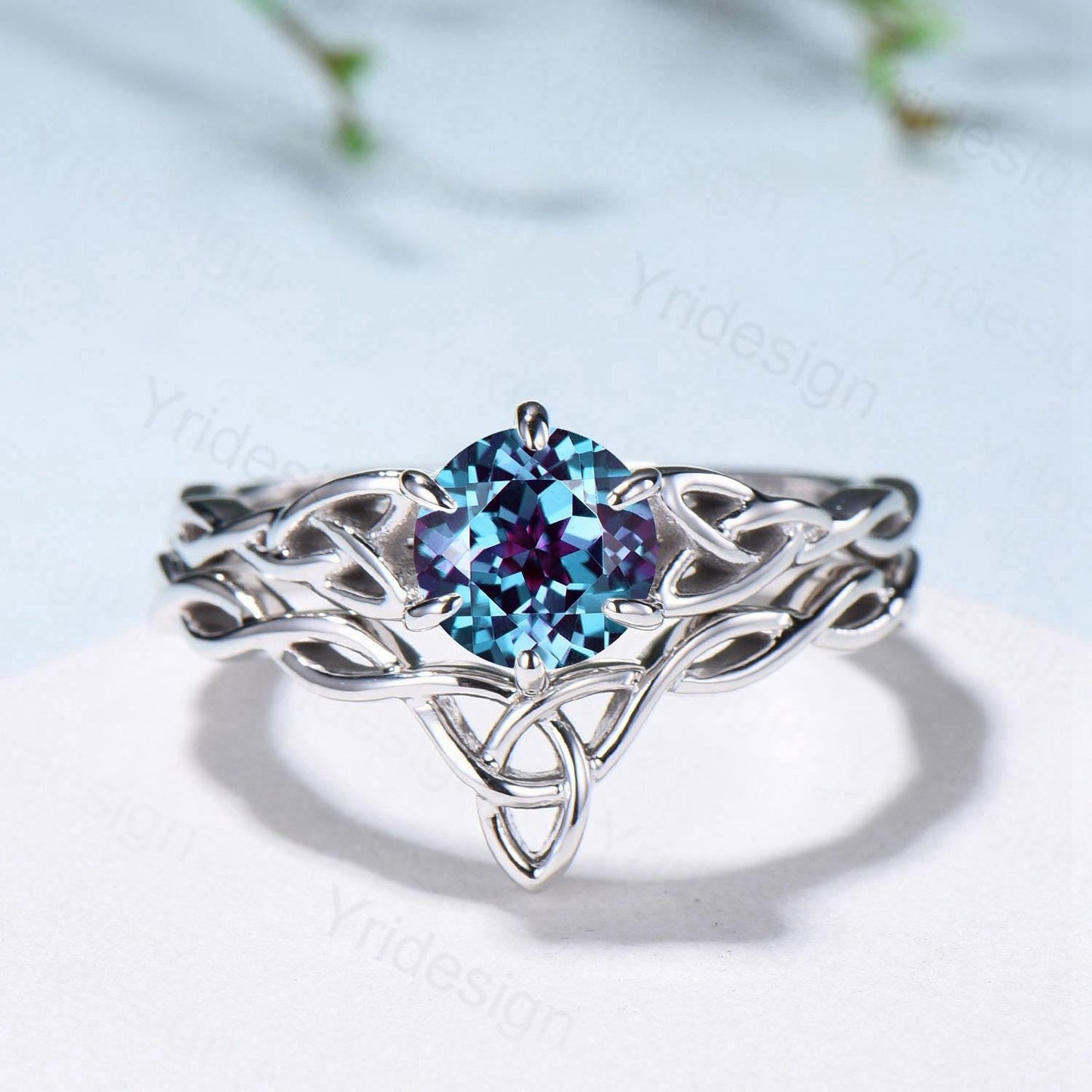 Norse Viking Alexandrite Wedding Ring Set Celtic Knot Lab Alexandrite Engagement Ring June Birthstone Jewelry Unique 2Pcs Twisted Bridal Set