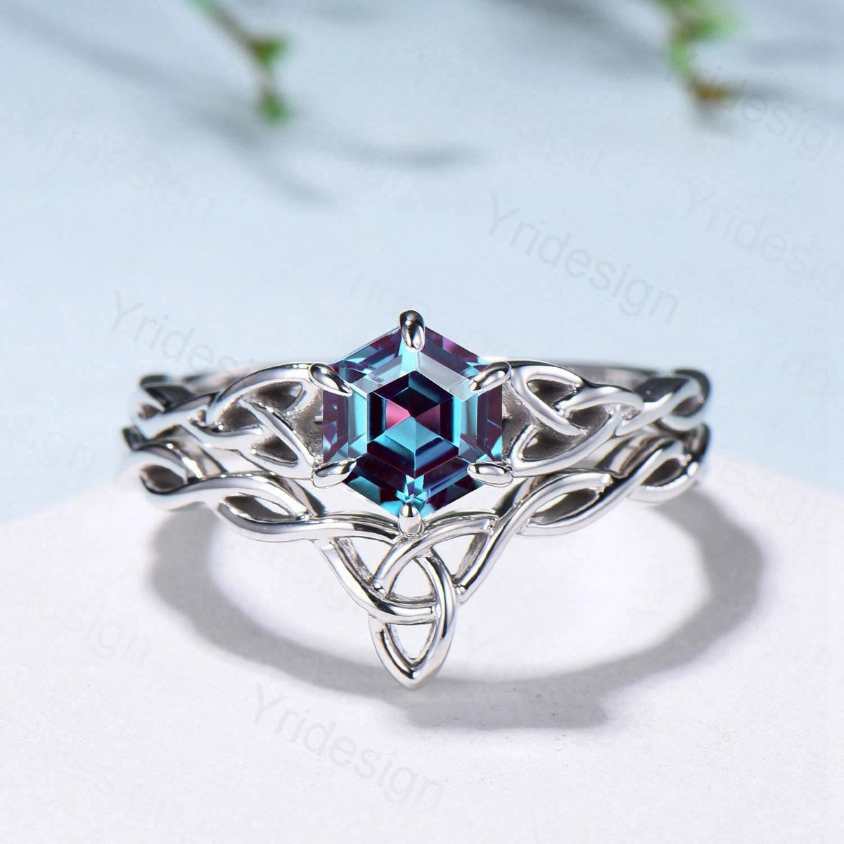 Norse Viking Alexandrite Wedding Ring Set Celtic Knot Lab Alexandrite Engagement Ring June Birthstone Jewelry Unique 2Pcs Twisted Bridal Set