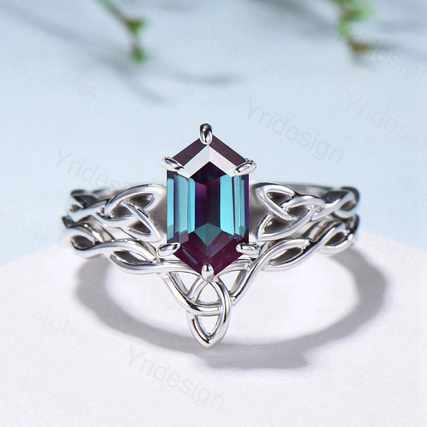 Norse Viking Alexandrite Wedding Ring Set Celtic Knot Lab Alexandrite Engagement Ring June Birthstone Jewelry Unique 2Pcs Twisted Bridal Set