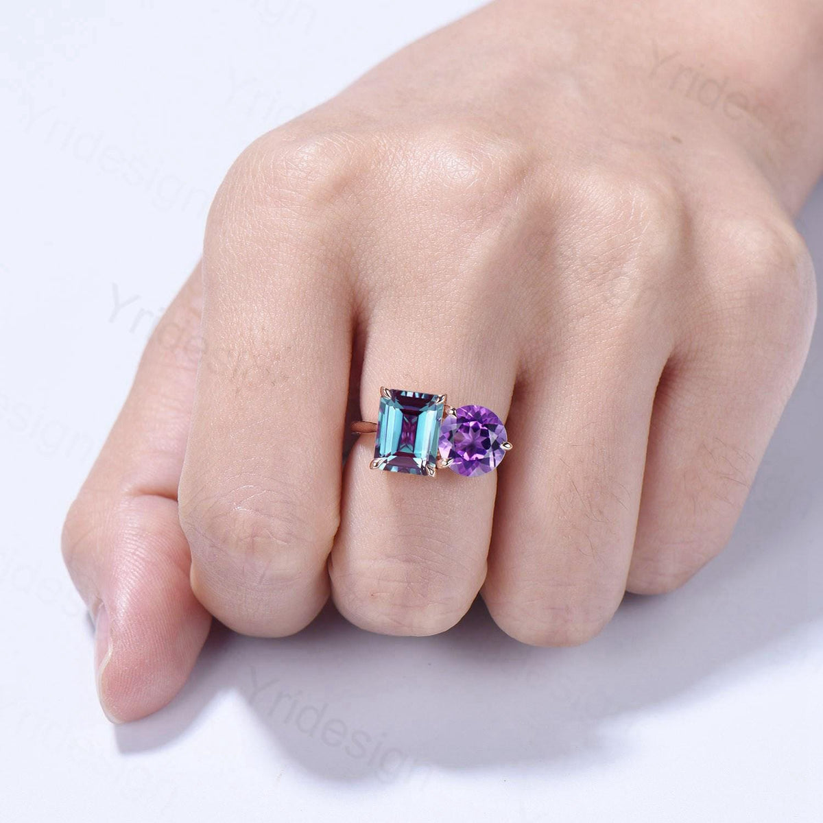 Minimalist Two stone emerald cut alexandrite engagement ring 14k rose gold round Amethyst wedding ring Plain Band anniversary bridal gifts