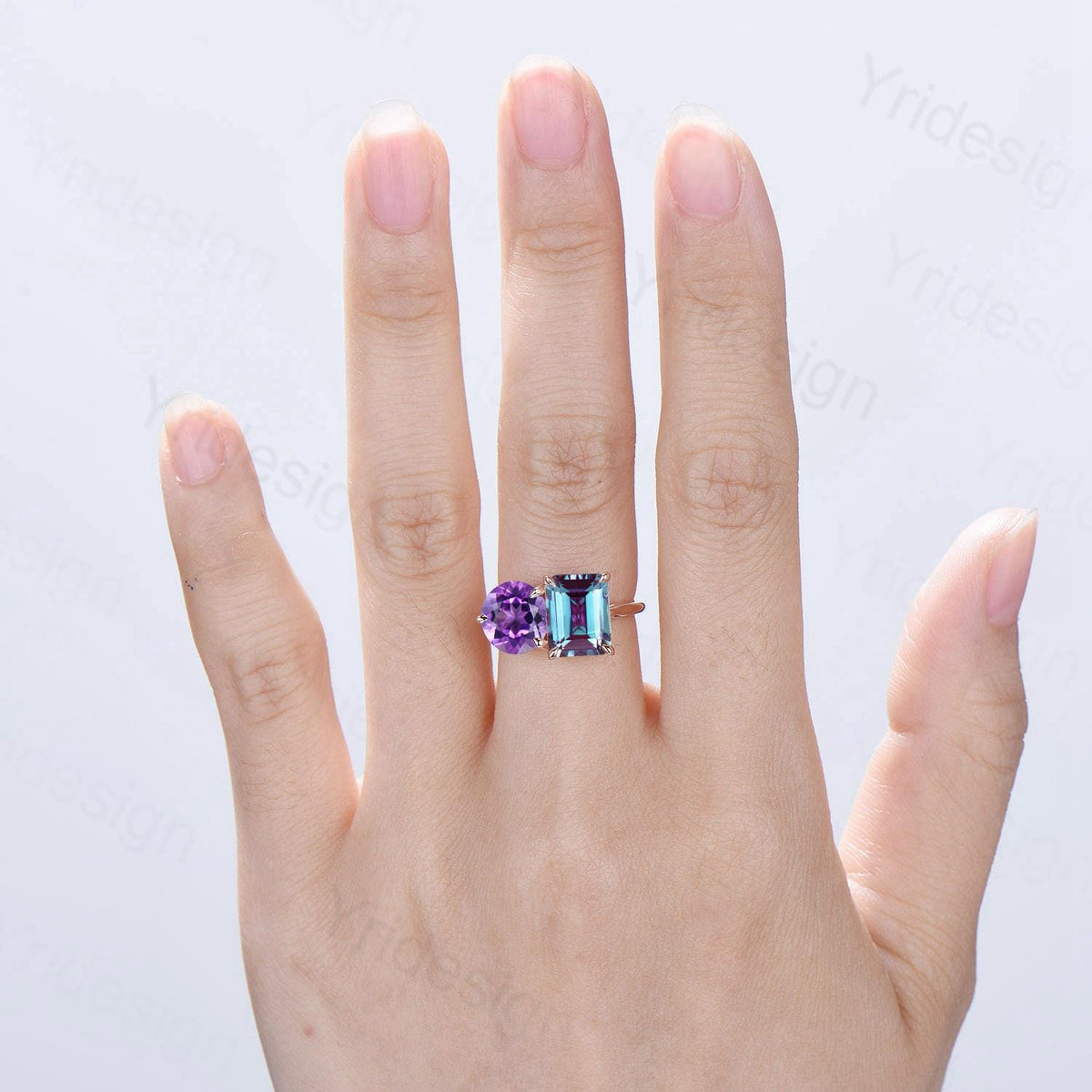 Minimalist Two stone emerald cut alexandrite engagement ring 14k rose gold round Amethyst wedding ring Plain Band anniversary bridal gifts