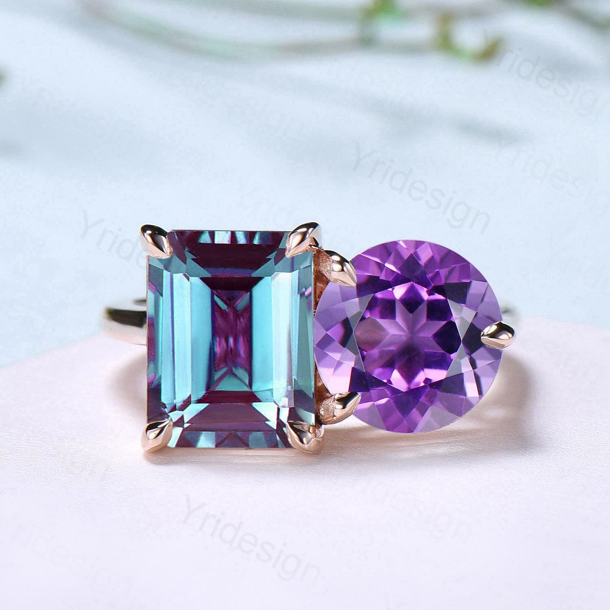 Minimalist Two stone emerald cut alexandrite engagement ring 14k rose gold round Amethyst wedding ring Plain Band anniversary bridal gifts