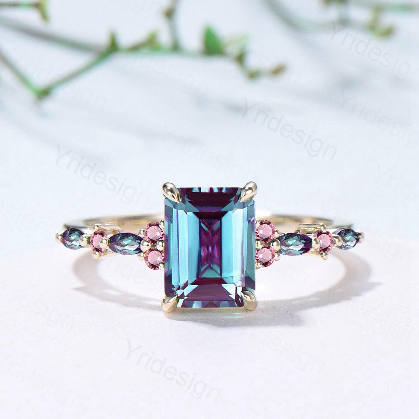 Elegant Emerald Cut Alexandrite Engagement Ring Yellow Gold Unique Pink Tourmaline Color Change Wedding Ring Promise Anniversary Gifts Women