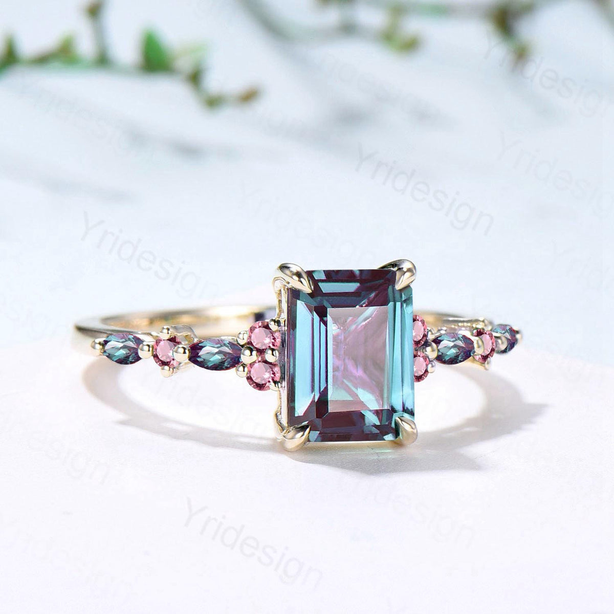 Elegant Emerald Cut Alexandrite Engagement Ring Yellow Gold Unique Pink Tourmaline Color Change Wedding Ring Promise Anniversary Gifts Women