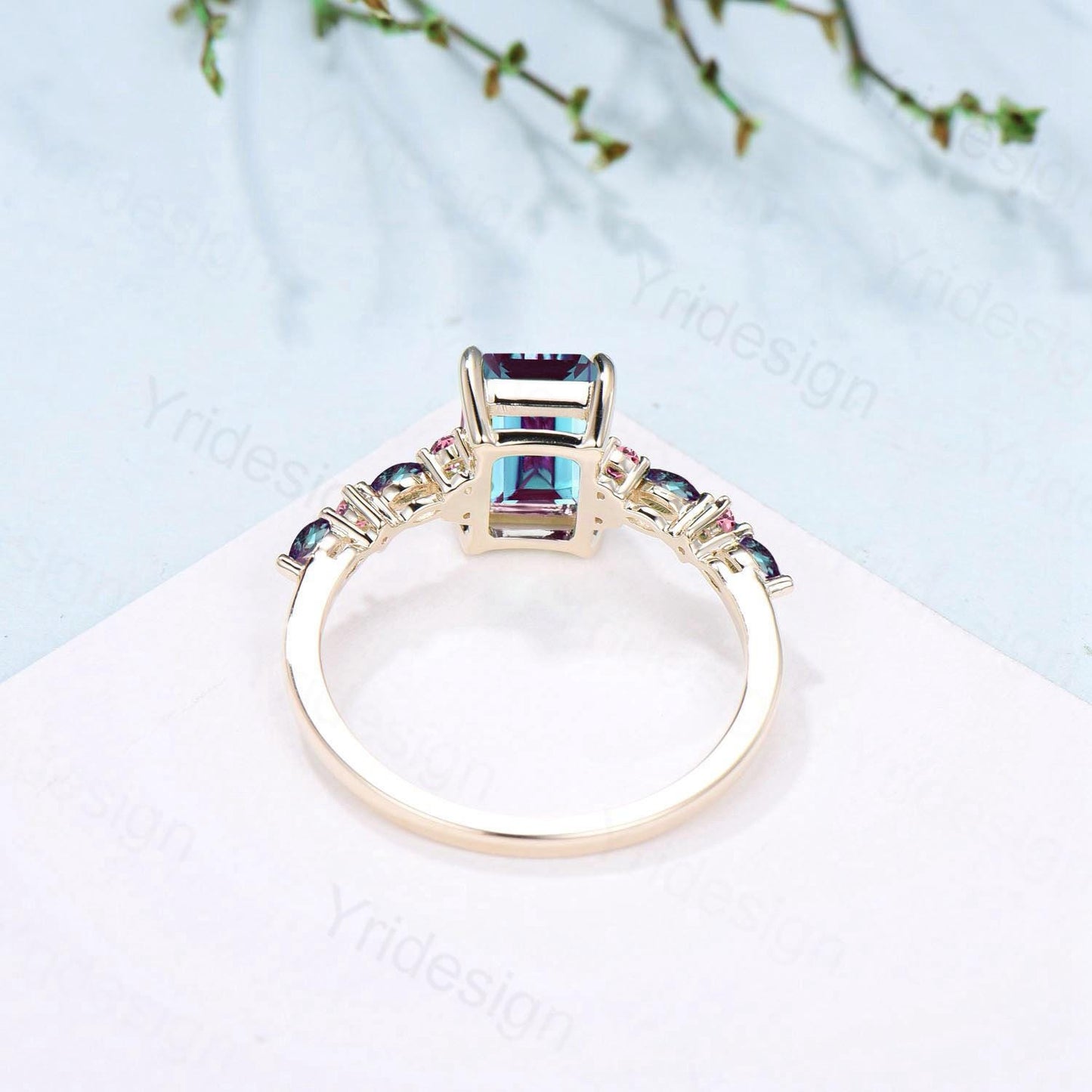 Elegant Emerald Cut Alexandrite Engagement Ring Yellow Gold Unique Pink Tourmaline Color Change Wedding Ring Promise Anniversary Gifts Women