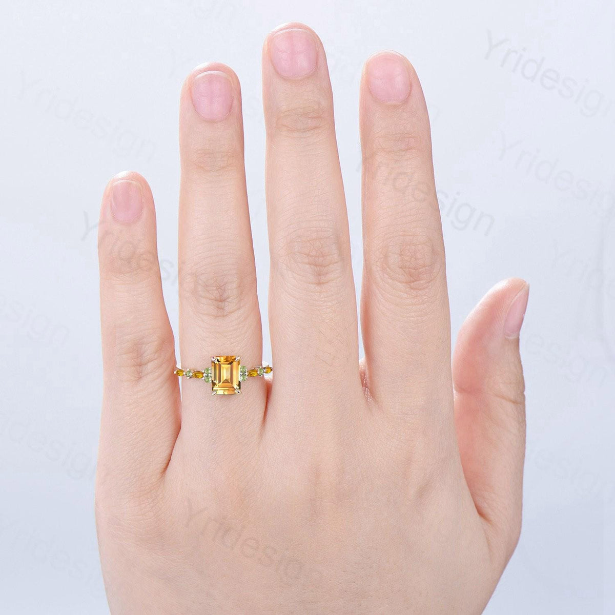Vintage Emerald Cut Citrine Engagement Ring Cluster Peridot Wedding Ring Yellow Gold November Birthstone Elegant Anniversary Ring for Women