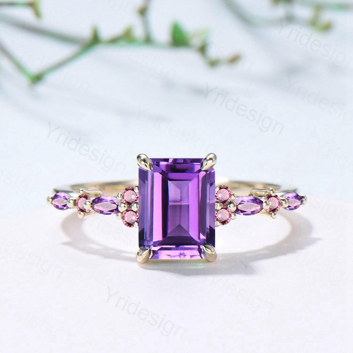 Unique Emerald Cut Amethyst Ring Marquise Purple Crystal Vintage Engagement Ring February Birthstone Handmade Bat Proposal Gifts for Women