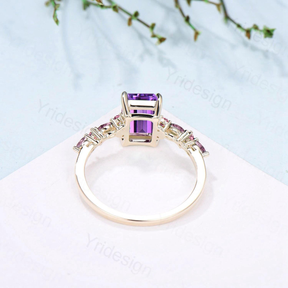Unique Emerald Cut Amethyst Ring Marquise Purple Crystal Vintage Engagement Ring February Birthstone Handmade Bat Proposal Gifts for Women
