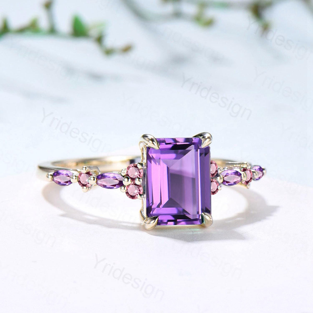 Unique Emerald Cut Amethyst Ring Marquise Purple Crystal Vintage Engagement Ring February Birthstone Handmade Bat Proposal Gifts for Women