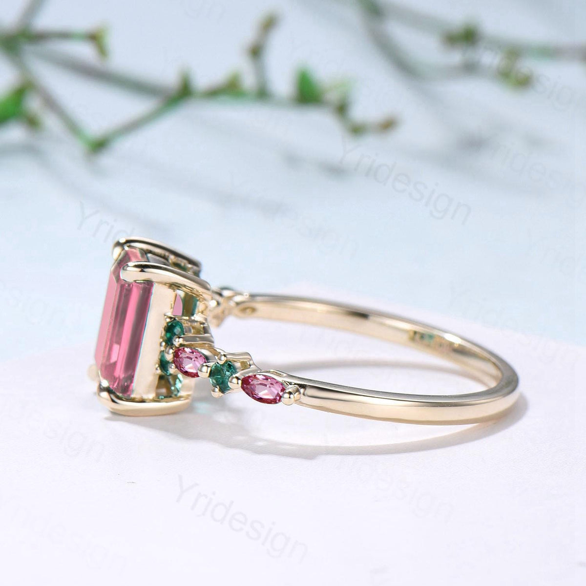 Vintage Padparadscha sapphire Engagement Ring Yellow Gold Pink Tourmaline and Emerald Wedding Band Pink Crystal Anniversary Ring For Women