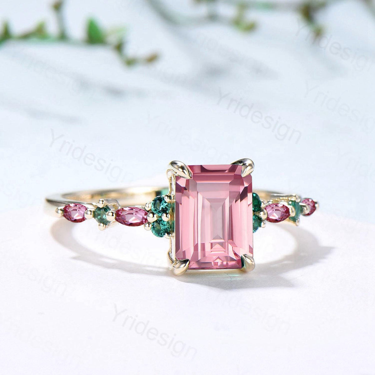 Vintage Padparadscha sapphire Engagement Ring Yellow Gold Pink Tourmaline and Emerald Wedding Band Pink Crystal Anniversary Ring For Women